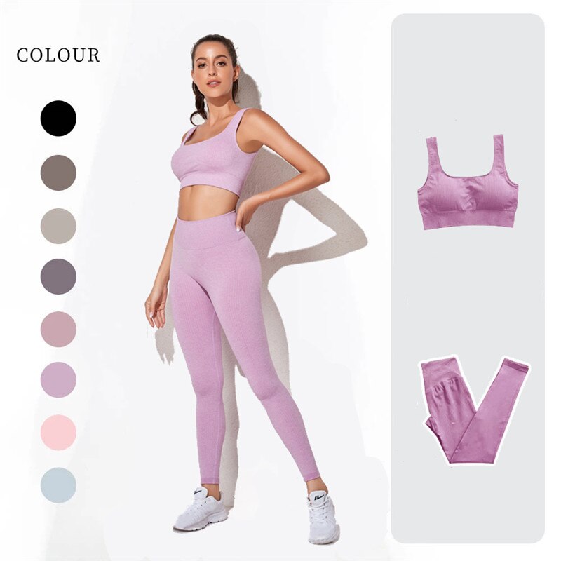 lovevop Women's Sportswear Yoga Set Workout Clothes Athletic Wear Sports Gym Legging Seamless Fitness Bra Crop Top Long Sleeve Yoga Suit