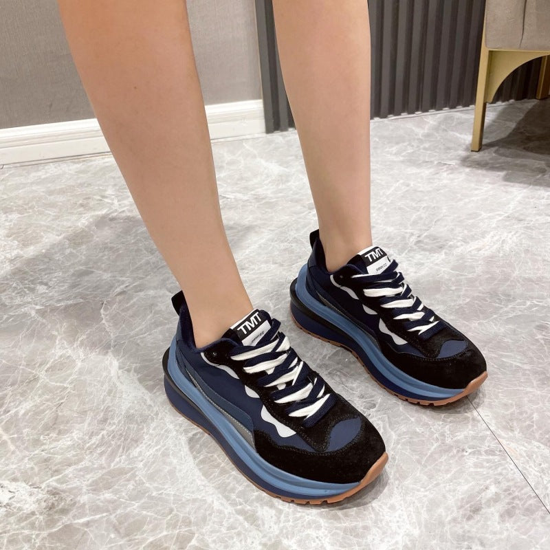 lovevop  2024 Genuine Leather Cross Tied Sport Shoes Woman Ins Luminous Chunky Women Sneakers Mixed Colors Platform Casual Shoes