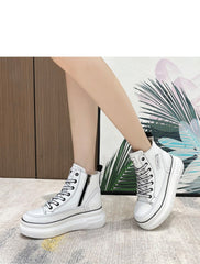 lovevop  7Cm Platform Wedge Sneakers Hidden Heel High Top Genuine Leather Women Casual Shoes Sneakers Za Fashion Casual Boots White