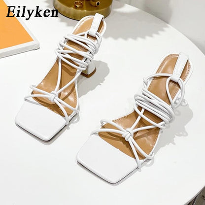 Aomzae  New Design Ankle Strap Sandals Women Square heel Party Lace-Up Summer Strange Style Sandal Shoes size 41 42