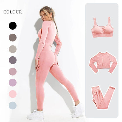 lovevop Women's Sportswear Yoga Set Workout Clothes Athletic Wear Sports Gym Legging Seamless Fitness Bra Crop Top Long Sleeve Yoga Suit