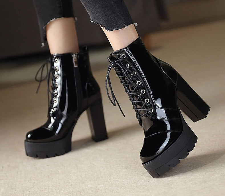 lovevop   Thick High Heeled Female Patent Leather Ankle Boots Round Toe Lace-Up Zipper Women Short Boots Gothic Women Shoes