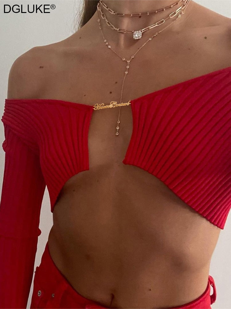 Aomzae Spring Autumn   Knitted Cropped Sweater Women Y2K Long Sleeve Crop Top V-Neck Chain Club Party Tops Green Orange Red Black