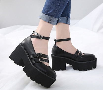 lovevop  Womens Pump Gothic Shoes Ankle Strap High Chunky Heels Platform Punk Creepers Shoes Female Fashion Buckle Comfortable