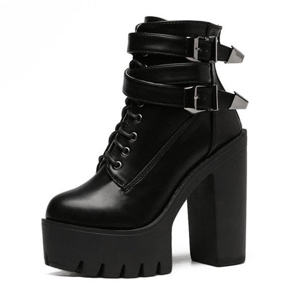 lovevop  Spring Autumn Fashion Women Boots High Heels Platform Buckle Lace Up Leather Short Booties Black Ladies Shoes Promotion