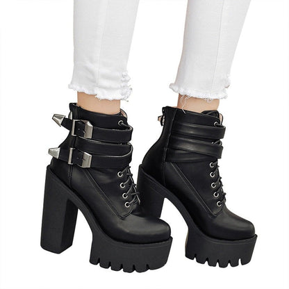 lovevop  Spring Autumn Fashion Women Boots High Heels Platform Buckle Lace Up Leather Short Booties Black Ladies Shoes Promotion