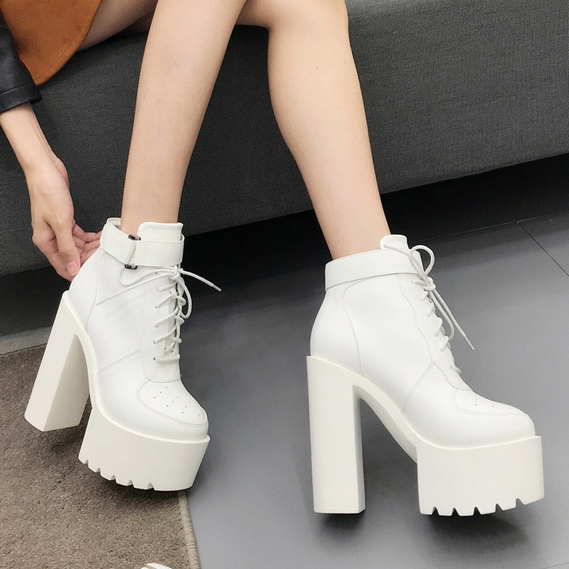 Thanksgiving  lovevop  Hot Sale Russian Shoes Black Platform Boots Women Zipper Autumn High Heels Shoes Lace Up Ankle Boots White Rubber Sole