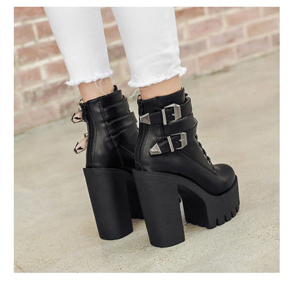 lovevop  Spring Autumn Fashion Women Boots High Heels Platform Buckle Lace Up Leather Short Booties Black Ladies Shoes Promotion