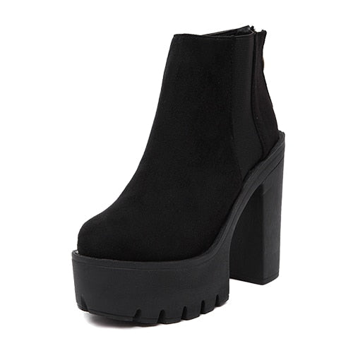 lovevop  Fashion Black Ankle Boots For Women Thick Heels Spring Autumn Flock Platform Shoes High Heels Black Zipper Ladies Boots