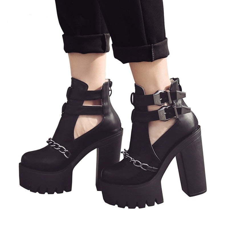 Thanksgiving  lovevop  Spring Autumn Fashion Ankle Boots For Women High Heels Casual Cut-Outs Buckle Round Toe Chain Thick Heels Platform Shoes