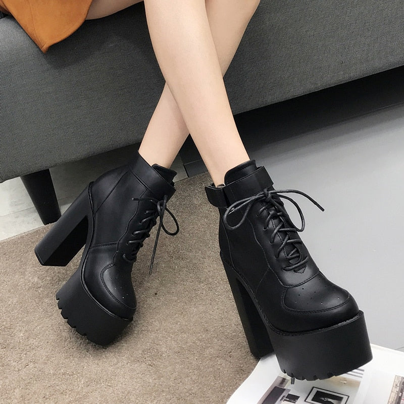 Thanksgiving  lovevop  Hot Sale Russian Shoes Black Platform Boots Women Zipper Autumn High Heels Shoes Lace Up Ankle Boots White Rubber Sole