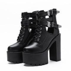 lovevop    Buckle Womens Nightclub Shoes High Heels Hollow Out Ankle Boots Platform Heels Gothic Black Leather Short Boots Lady