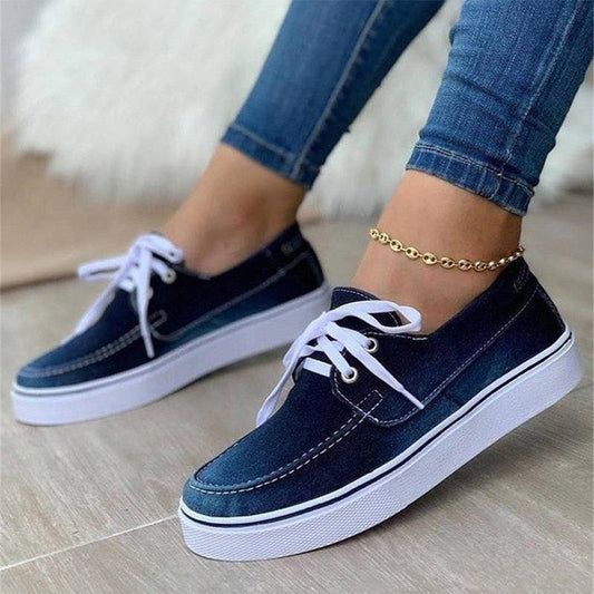 Back to school lovevop    Women Lace Up Sneakers Women's Sports Flats Women Casual Vulcanized Ladies Comfortable Brogue Canvas Denim Shoes Plus Size