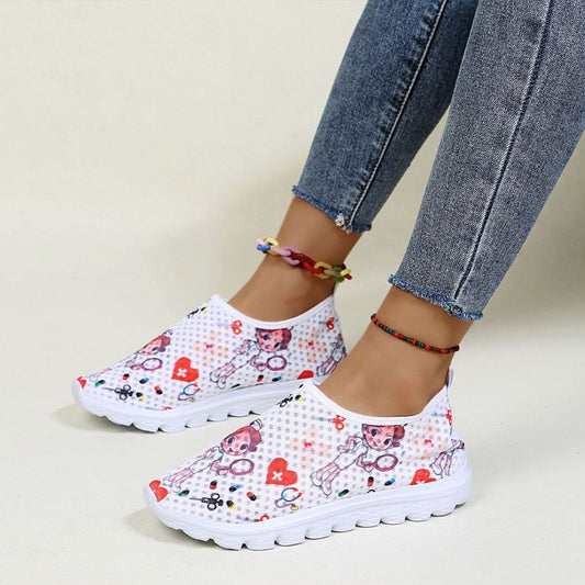 lovevop   Women Shoes Cartoon Nurse Print Women Sneaker Lightweight Comfortable Casual Shoes Breathable Flat Shoes Zapatillas Mujer