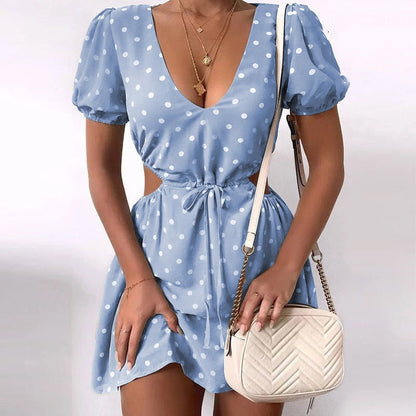 Back to college Fashion   Summer   Puff Sleeve Backless Mini Dress Polka Dot Hollow Out Lace Up Vintage Party Dresses