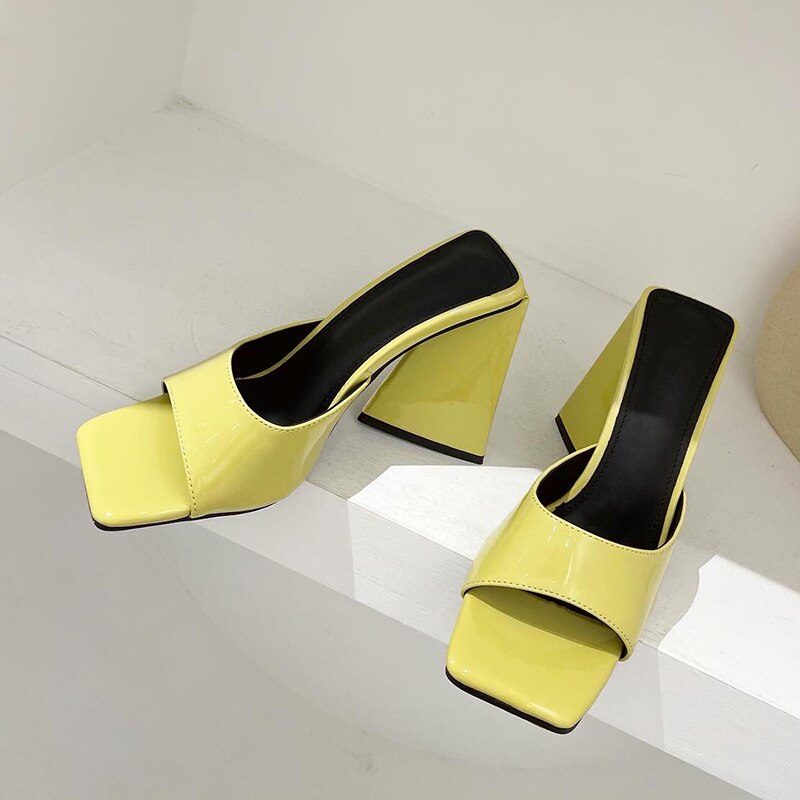 Women Design 10cm High Heels Slides Mules Summer Peep Toe Patent Leather Green Yellow Thick Block Heels Slippers Party Shoe 06-23