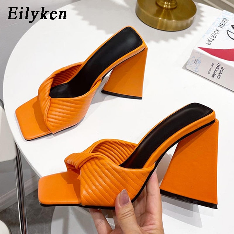 Aomzae New Fashion Strange Style High Heels Slides Slippers Women Square Toe Slip On Ladies Sandals Summer Runway Party Shoes