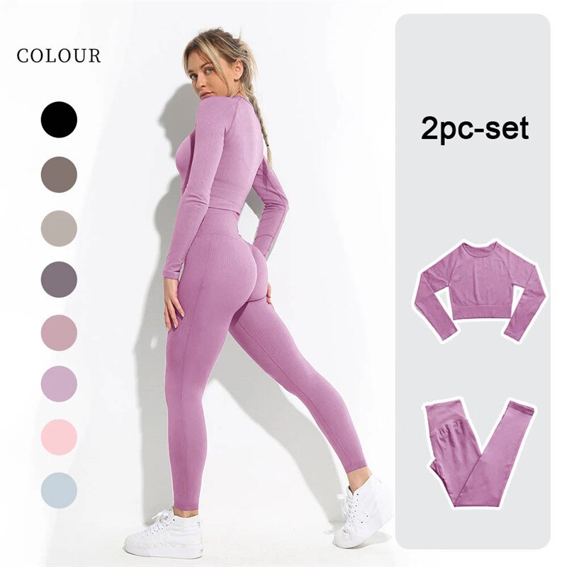 lovevop Women's Sportswear Yoga Set Workout Clothes Athletic Wear Sports Gym Legging Seamless Fitness Bra Crop Top Long Sleeve Yoga Suit