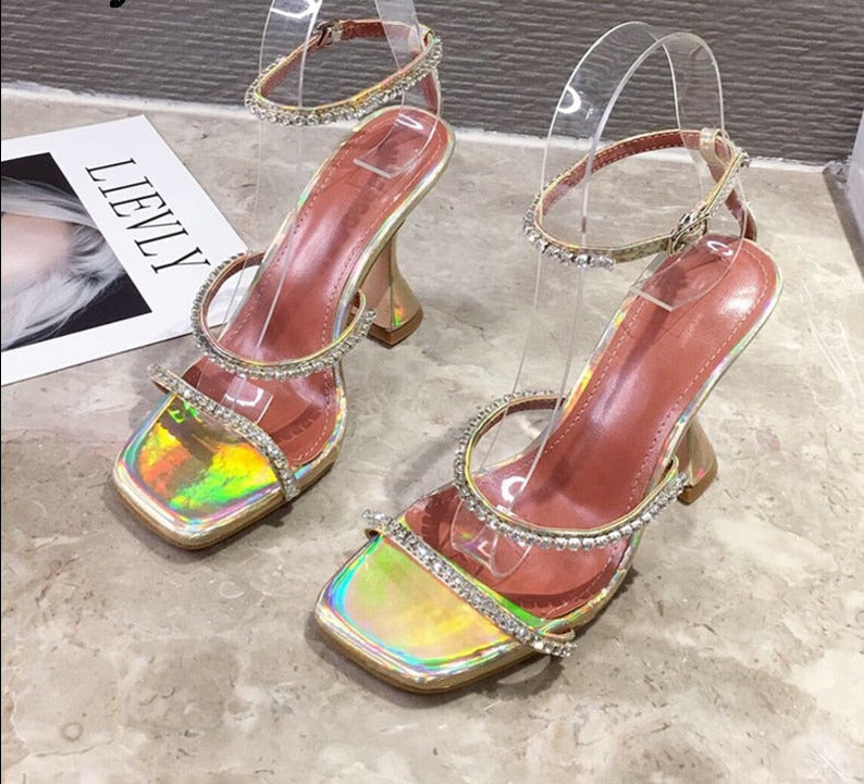 lovevop   New Design Square Toe Sandals Fashion Crystal Diamond PU Leather Ankle Buckle Strap Strange Heels Shoes Woman Summer