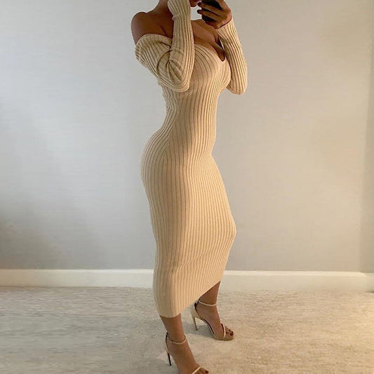 lovevop  Spring Autumn   Deep V-Neck Casual Knitted Dress Women Fashion Long Sleeve Sweater Dresses   Package Hip Long Dress