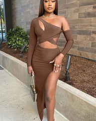 lovevop     Outfits For Woman Summer Bodycon Dress Sets One Shoulder Long Sleeve Crop Top And Long Skirt Two Piece Club Party Wear