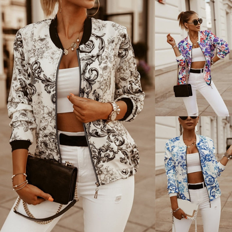 lovevop  Flower Print Long Sleeve Women's Bomber Jacket Fashion Zipper Up Vintage Coat Tops Elegant Slim Basic Ladies Jackets Outwear