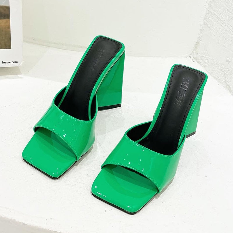 Women Design 10cm High Heels Slides Mules Summer Peep Toe Patent Leather Green Yellow Thick Block Heels Slippers Party Shoe 06-23