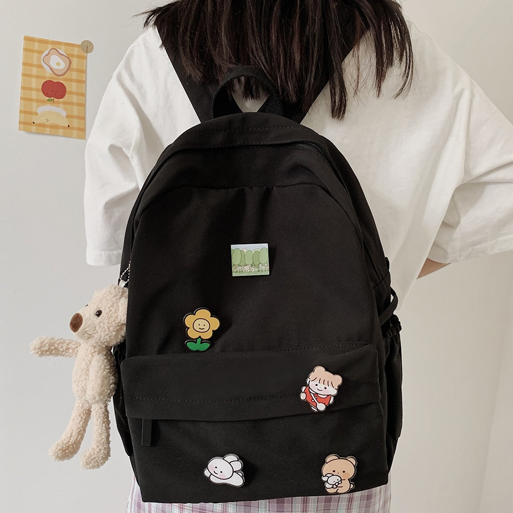 Back to college Women Nylon Cute Backpack Bear Female Student College School Bag Badge Girl Doll Backpack Kawaii Book Ladies Fashion Bags Trendy