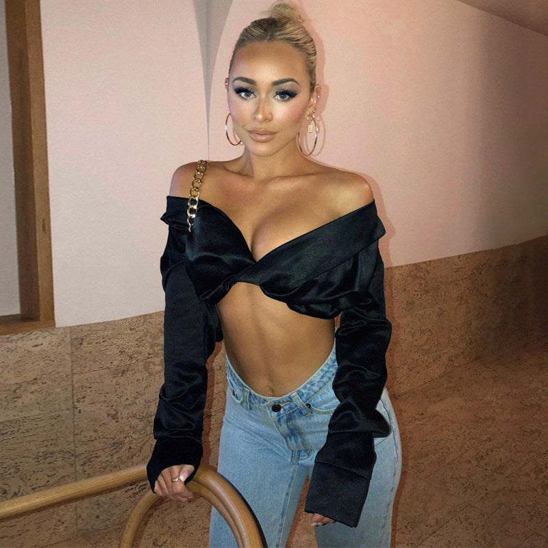 Back to college   Summer Autumn Women Fashion Pure Color Long Sleeves Off Shoulder Bodycon Slim Crop Top   Y2K Outfit Female