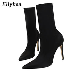 lovevop  Winter Fashion Women Boots Beige Pointed Toe Elastic Ankle Boots Heels Shoes Autumn Winter Female Socks Boots