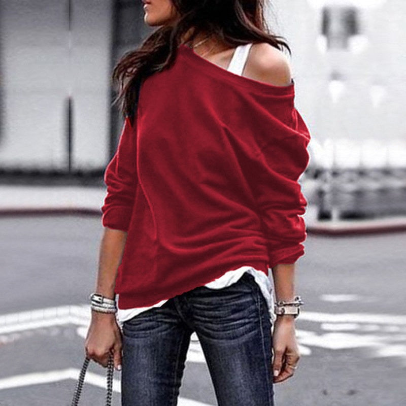 lovevop  Back to school  Autumn Blouse One Shoulder Tops Solid Shirt Female Clothes Outwear Casual Female Knitted Loose Shirts Women Long Sleeve