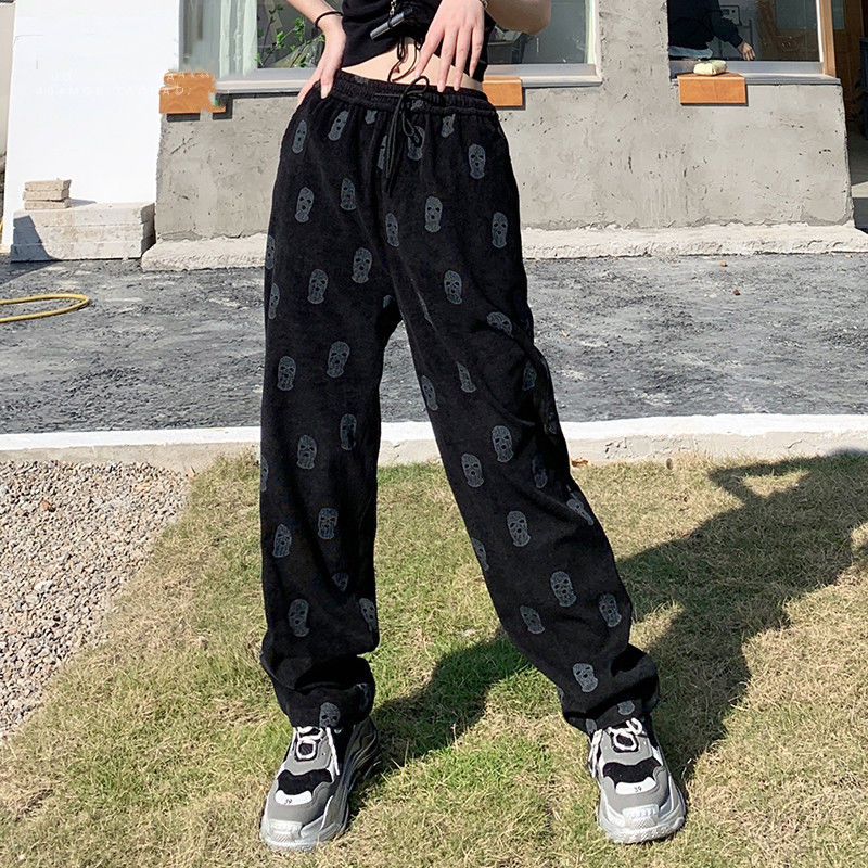 lovevop Back to college Pants Women Summer Ladies Full Length Trousers Loose High Waist Casual Skulls Drawstring Fashion Popular Preppy Korean Style