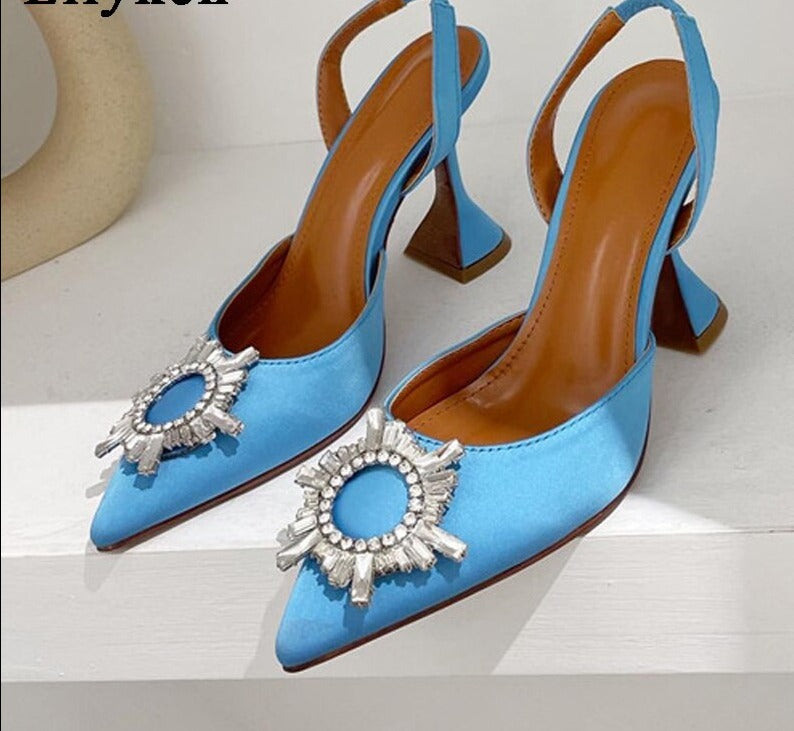 lovevop   Brand Women Pumps Fashion Crystal Slingback High heels Summer Comfortable Triangle Heeled Party Wedding Bride Shoes