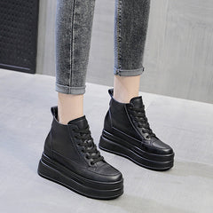 lovevop  9Cm Genuine Leather Women Casual Shoes Chunky Sneakers Za Platform Wedge Hidden Heel Height High Top Women Vulcanized Shoe