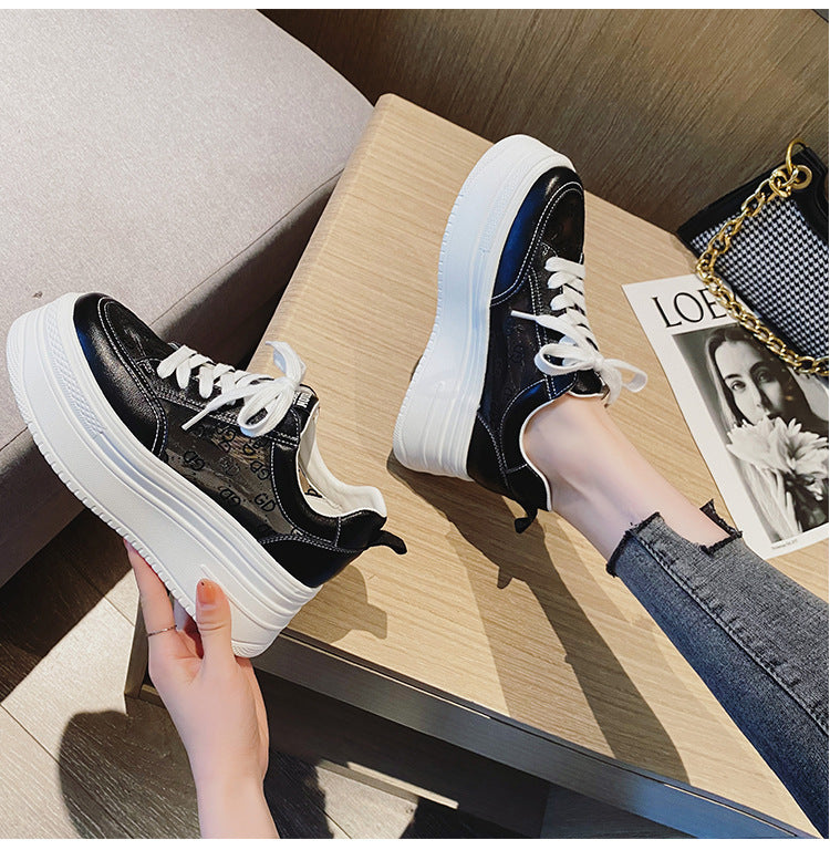 lovevop  8Cm Genuine Leather Women Casual Shoes Chunky Sneakers Platform Wedge Hidden Heel Women Leisure Shoes Spring Autumn White