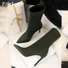 lovevop  Winter Fashion Women Boots Beige Pointed Toe Elastic Ankle Boots Heels Shoes Autumn Winter Female Socks Boots