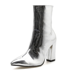 lovevop  Fashion Gold Silver Patent Leather Women Ankle Boots Pointed Toe Square Heel Boots Stiletto Women Pumps Chelsea Boots