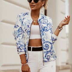 lovevop  Flower Print Long Sleeve Women's Bomber Jacket Fashion Zipper Up Vintage Coat Tops Elegant Slim Basic Ladies Jackets Outwear