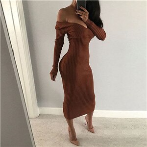 lovevop  Spring Autumn   Deep V-Neck Casual Knitted Dress Women Fashion Long Sleeve Sweater Dresses   Package Hip Long Dress