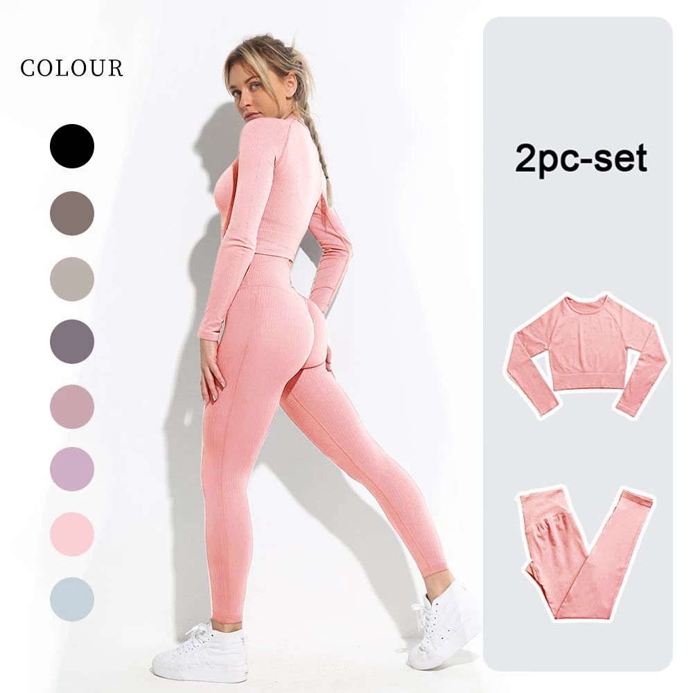 lovevop Women's Sportswear Yoga Set Workout Clothes Athletic Wear Sports Gym Legging Seamless Fitness Bra Crop Top Long Sleeve Yoga Suit