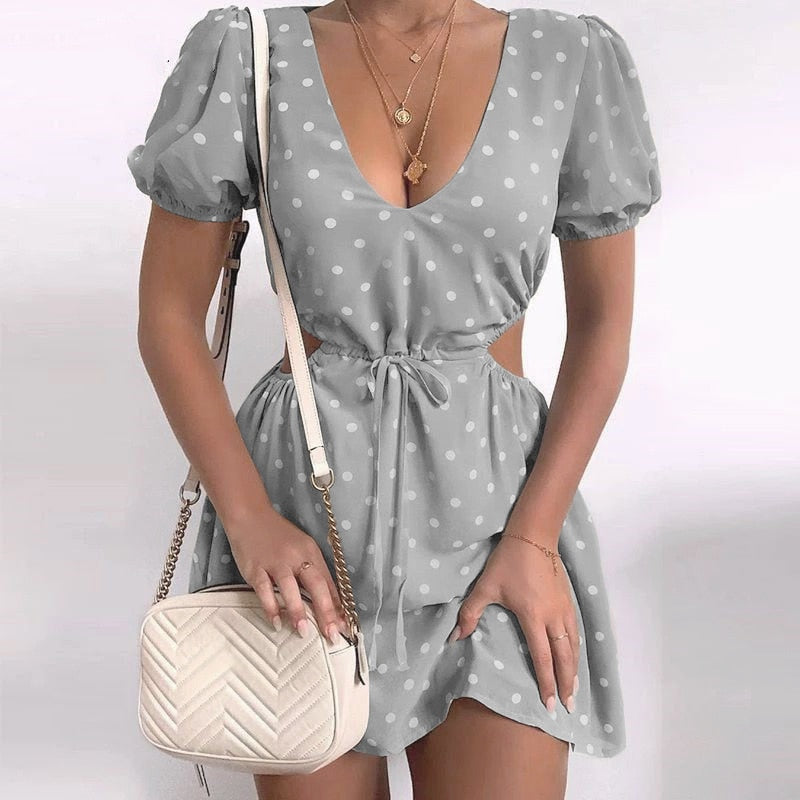 Back to college Fashion   Summer   Puff Sleeve Backless Mini Dress Polka Dot Hollow Out Lace Up Vintage Party Dresses