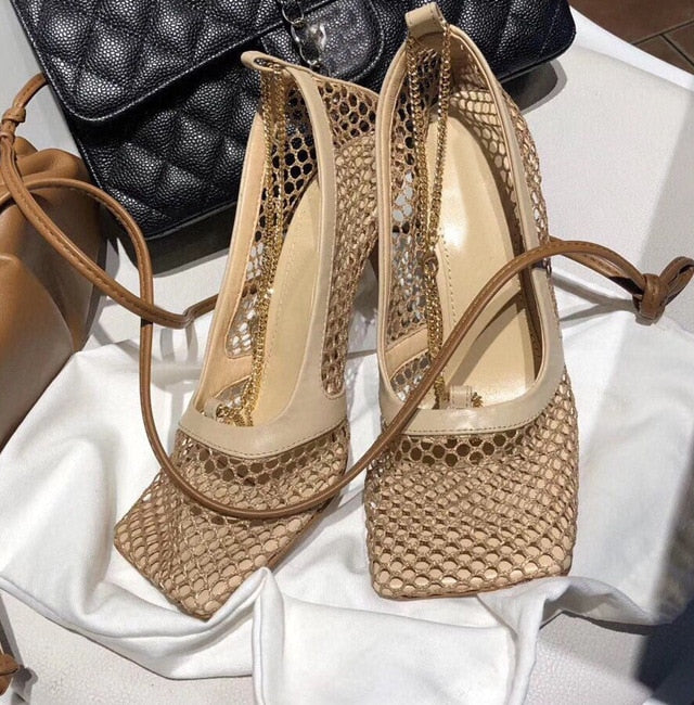 lovevop  9Cm Summer Autumn   Mesh Pumps Sandals Female Square Toe High Heel Chain Stiletto Hollow Party Dress Pumps Shoe Sandals