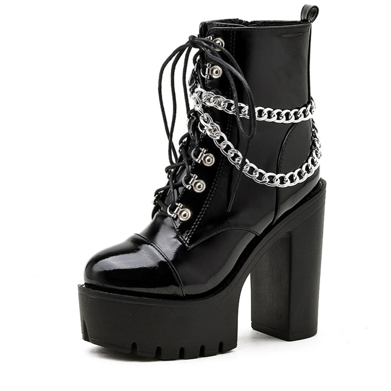 lovevop  Black Gothic Women Shoes Autumn Ladies Ankle Boots High Heels   Chain Punk Style Patent Leather Boots For Party Zipper