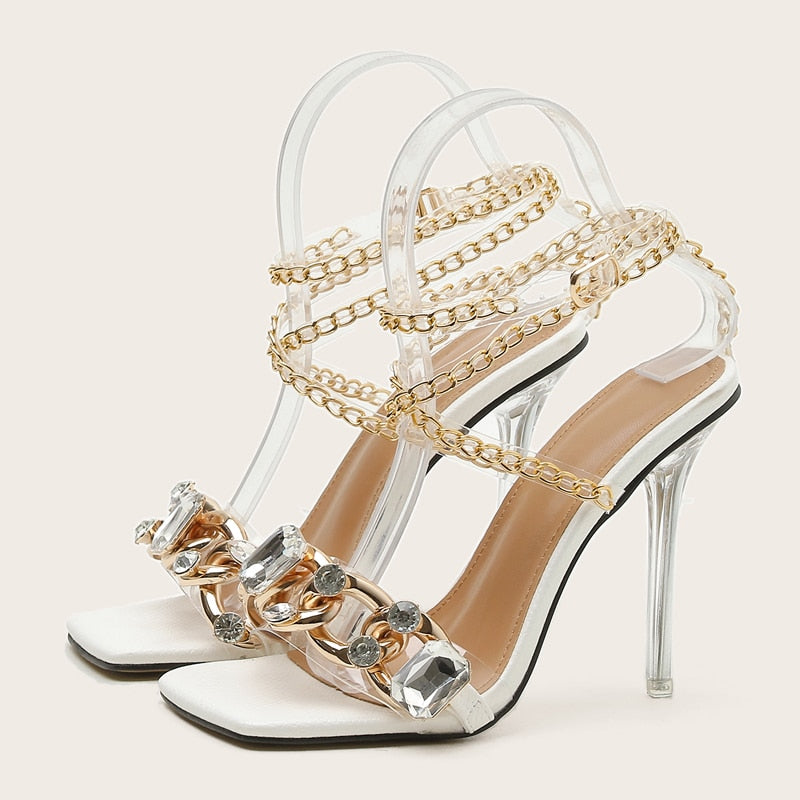 lovevop    Newest Crystal Chain Women Sandals Summer Party Wedding Shoes   Fashion Square Toe Transparent Perspex Stiletto Heels