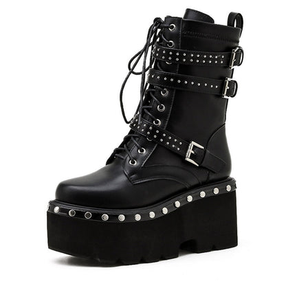 lovevop   Spring Lace-Up Motorcycle Boots For Women Round Toe Thick Platform High Heels Female Ankle Boots Gothic Style Shoes