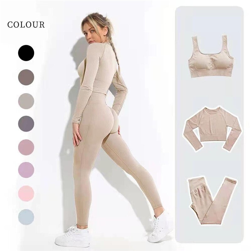 lovevop Women's Sportswear Yoga Set Workout Clothes Athletic Wear Sports Gym Legging Seamless Fitness Bra Crop Top Long Sleeve Yoga Suit