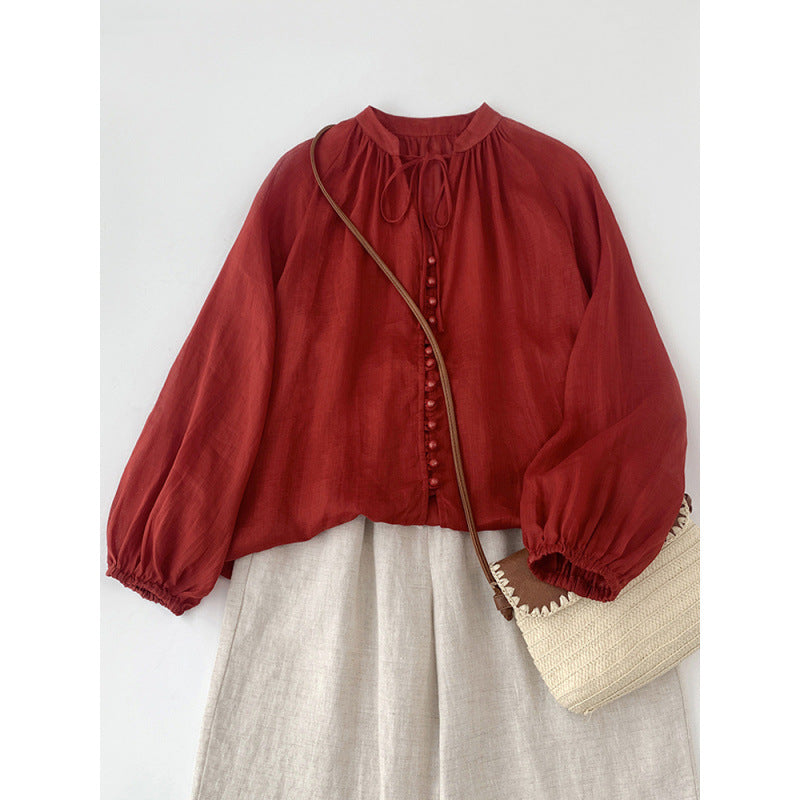 literary and retro solid color single-row button-up strap-up elastic sleeve shirt women's lantern sleeves loose small bag buckle sunscreen