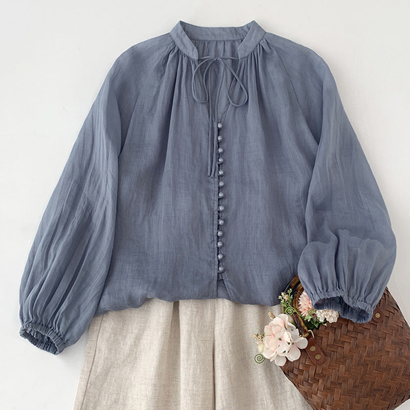 literary and retro solid color single-row button-up strap-up elastic sleeve shirt women's lantern sleeves loose small bag buckle sunscreen