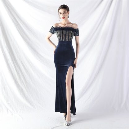 31950 #Popular trade new craftsmanship order ostrich wool velvet one-word collar evening dress