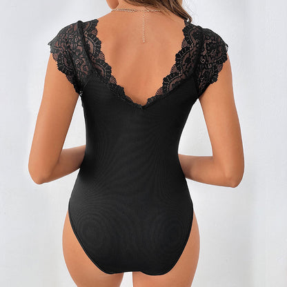 LOVEVOP 2025 popular lace splicing big V-neck onesie temperament sexy onesie summer Spice Girl slim top